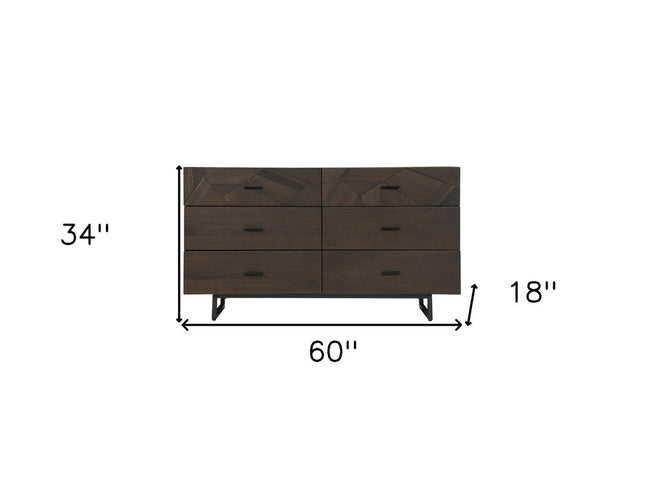60" Dark Brown Solid Wood Six Drawer Double Dresser
