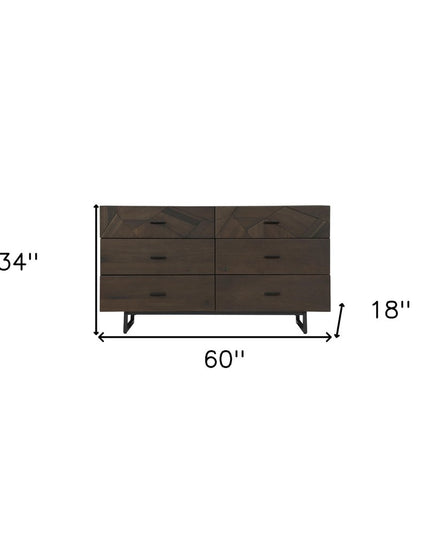60" Dark Brown Solid Wood Six Drawer Double Dresser