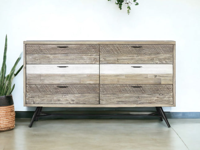 63" Natural and Ivory Solid Wood Six Drawer Double Dresser
