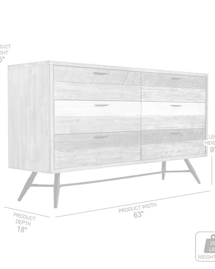 63" Natural and Ivory Solid Wood Six Drawer Double Dresser