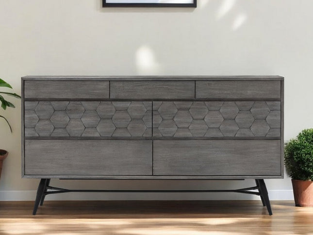 61" Gray Solid Wood Six Drawer Double Dresser