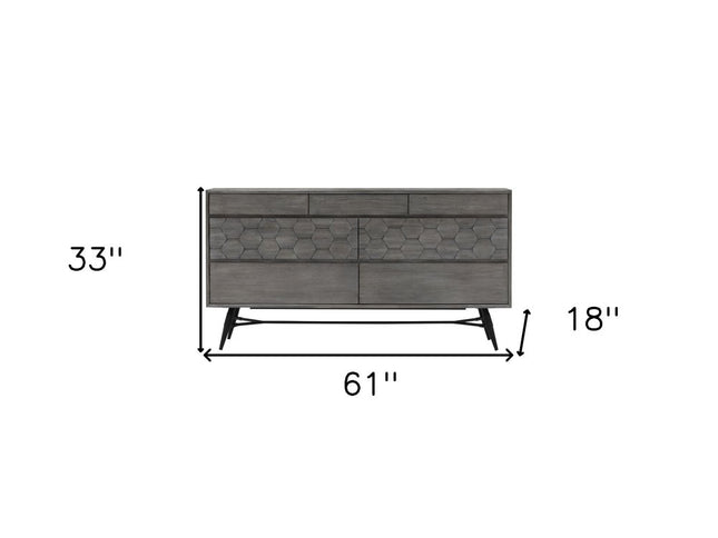 61" Gray Solid Wood Six Drawer Double Dresser