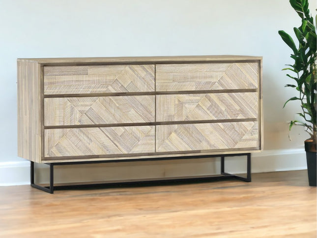 61" Natural Solid Wood Six Drawer Double Dresser