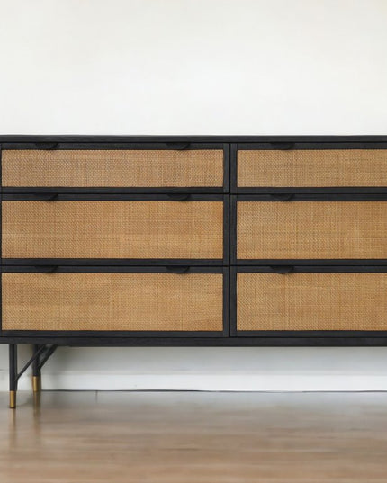 61" Natural and Black Solid Wood Six Drawer Double Dresser