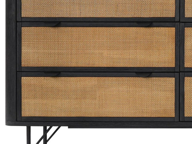 61" Natural and Black Solid Wood Six Drawer Double Dresser