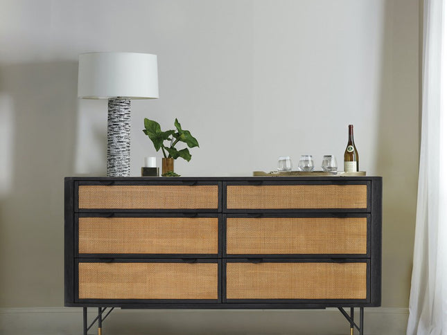 61" Natural and Black Solid Wood Six Drawer Double Dresser