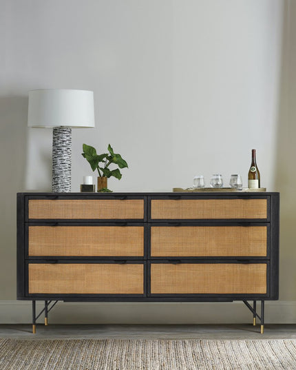 61" Natural and Black Solid Wood Six Drawer Double Dresser