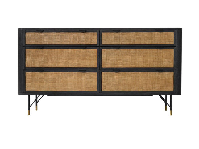 61" Natural and Black Solid Wood Six Drawer Double Dresser