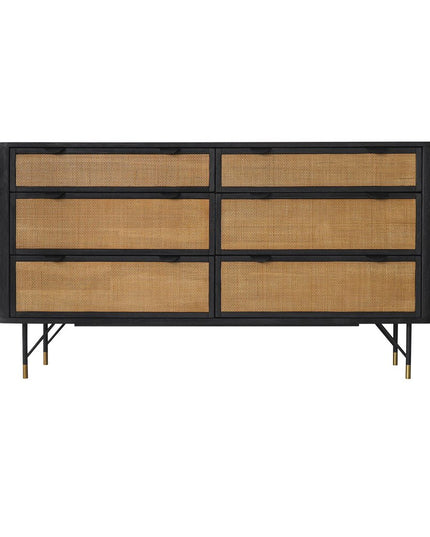 61" Natural and Black Solid Wood Six Drawer Double Dresser