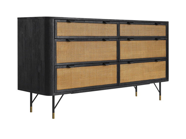 61" Natural and Black Solid Wood Six Drawer Double Dresser