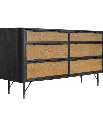 61" Natural and Black Solid Wood Six Drawer Double Dresser