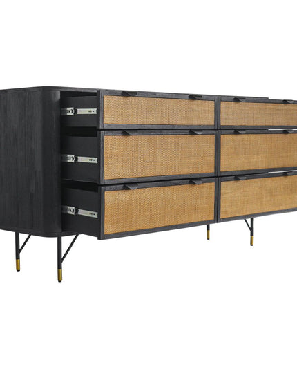 61" Natural and Black Solid Wood Six Drawer Double Dresser