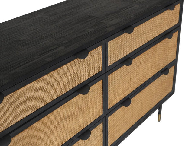 61" Natural and Black Solid Wood Six Drawer Double Dresser