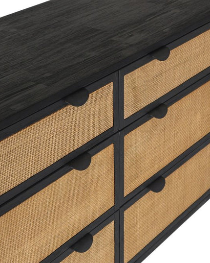 61" Natural and Black Solid Wood Six Drawer Double Dresser