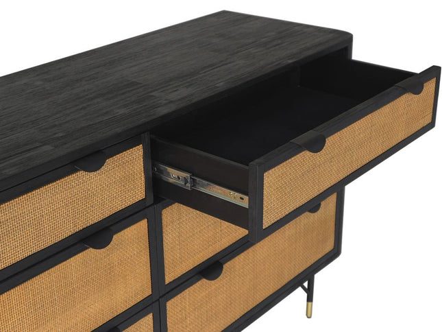 61" Natural and Black Solid Wood Six Drawer Double Dresser