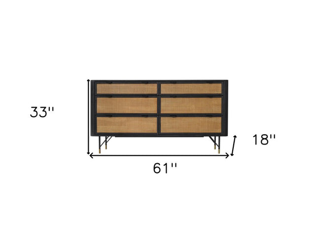 61" Natural and Black Solid Wood Six Drawer Double Dresser