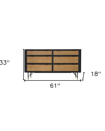 61" Natural and Black Solid Wood Six Drawer Double Dresser