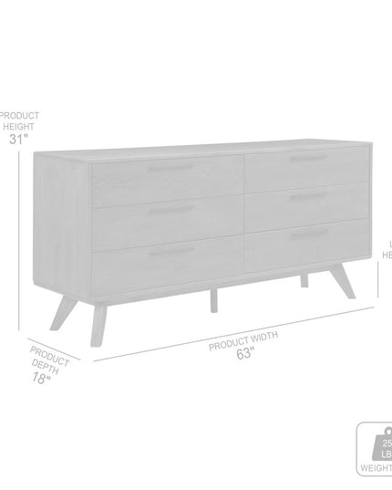 63" Dark Brown Solid Wood Six Drawer Double Dresser
