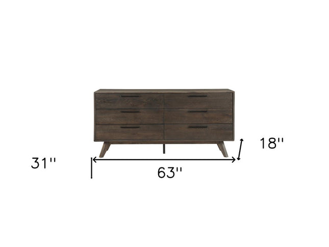 63" Dark Brown Solid Wood Six Drawer Double Dresser