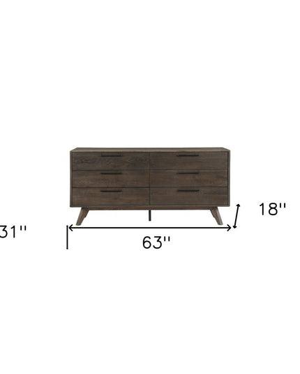 63" Dark Brown Solid Wood Six Drawer Double Dresser