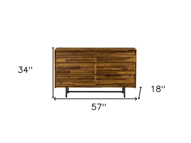 57" Brown and Black Solid Wood Six Drawer Double Dresser