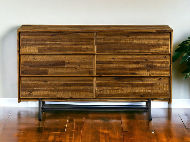 57" Brown and Black Solid Wood Six Drawer Double Dresser