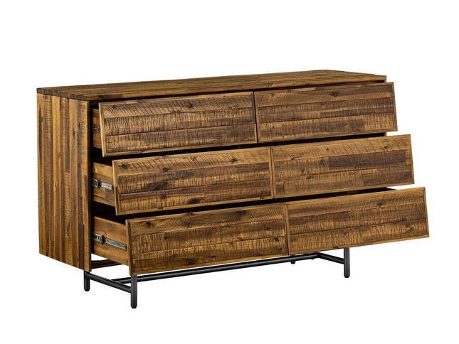 57" Brown and Black Solid Wood Six Drawer Double Dresser