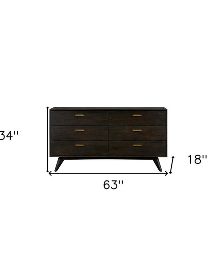 63" Brown Solid Wood Six Drawer Double Dresser