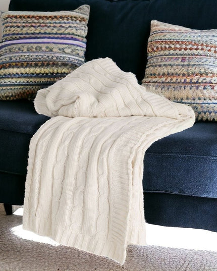 Ivory Knitted 100% Cotton Throw Blanket