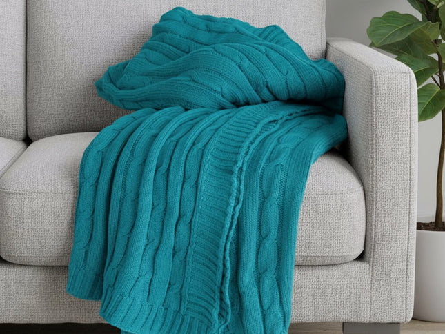 50" X 60" Teal Blue Cotton Cable Knitted Striped Throw Blanket