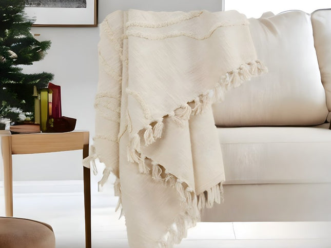 50" X 60" Natural Cotton Woven Floral Throw Blanket with Tassels and Fringe
