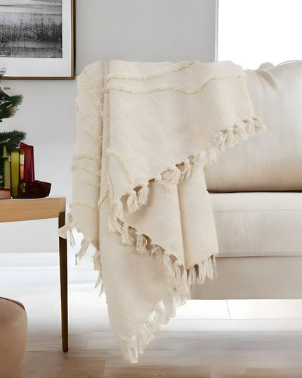 50" X 60" Natural Cotton Woven Floral Throw Blanket with Tassels and Fringe