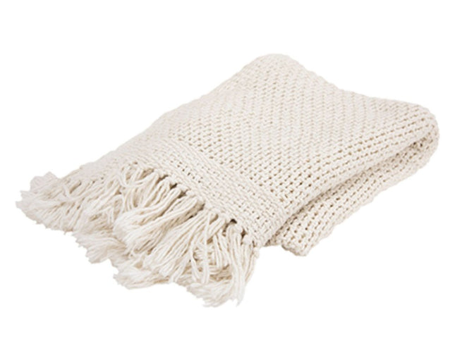 50" X 60" White Cotton Knitted Throw Blanket with Fringe