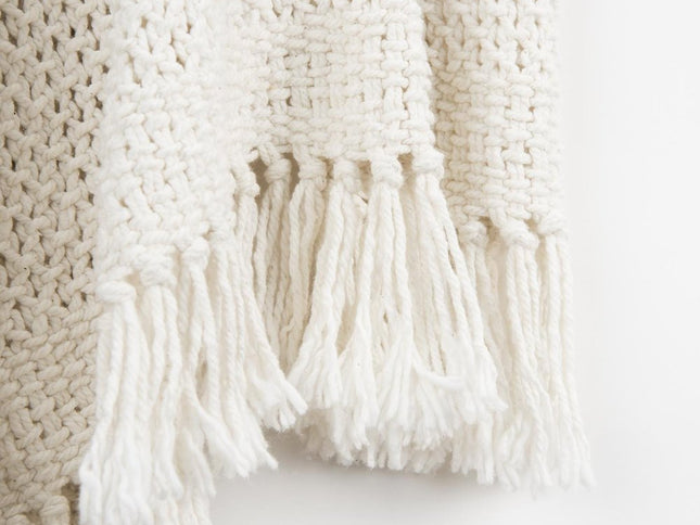 50" X 60" White Cotton Knitted Throw Blanket with Fringe