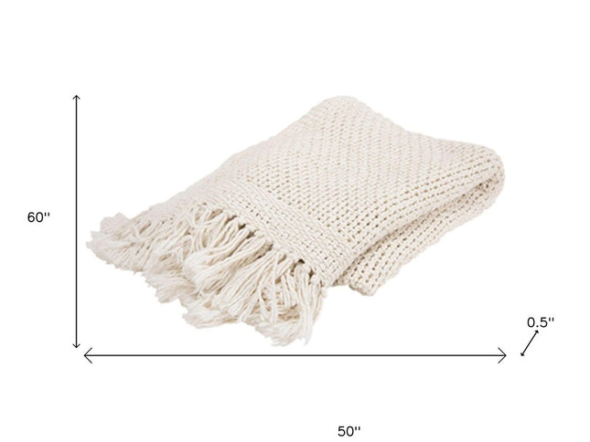 50" X 60" White Cotton Knitted Throw Blanket with Fringe