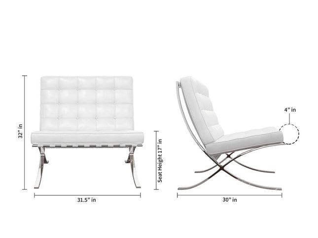 32" White and Silver Italian Leather Tufted Lounge Chair