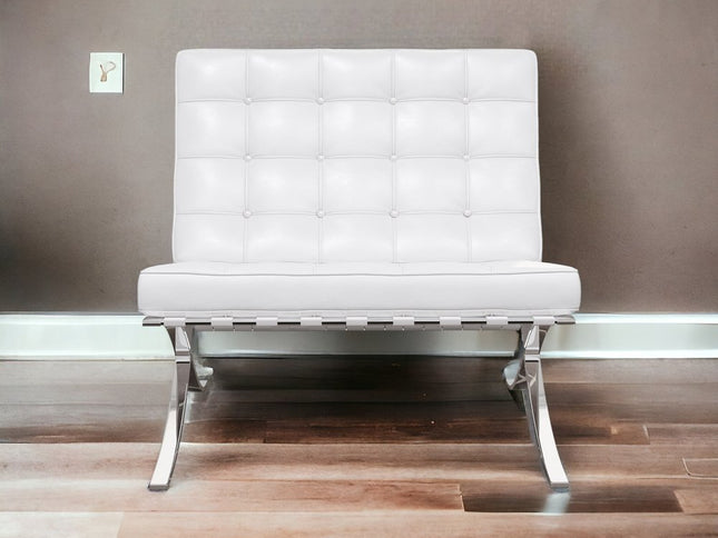 32" White and Silver Italian Leather Tufted Lounge Chair