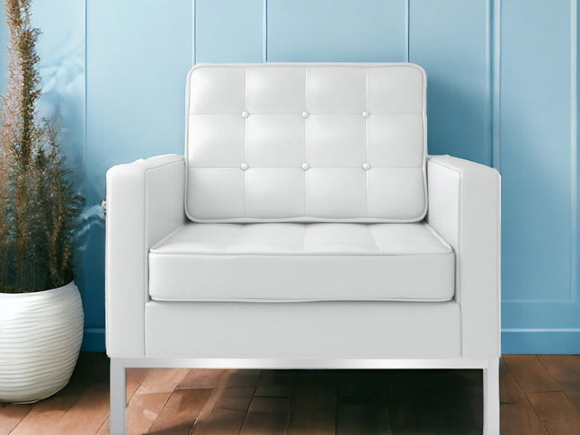 31" White and Silver Italian Leather Tufted Club Chair