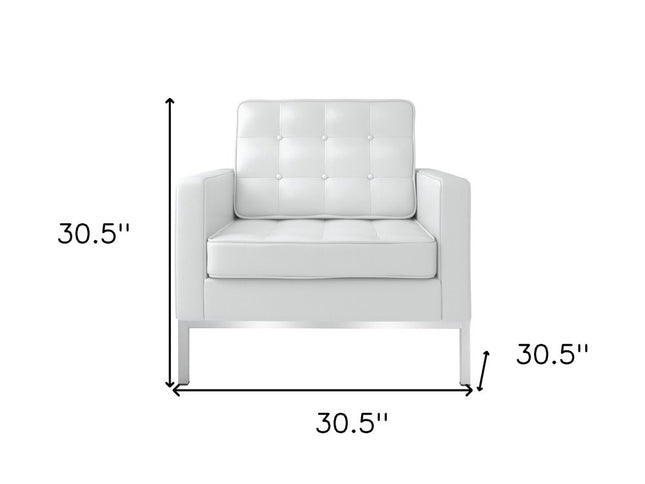 31" White and Silver Italian Leather Tufted Club Chair