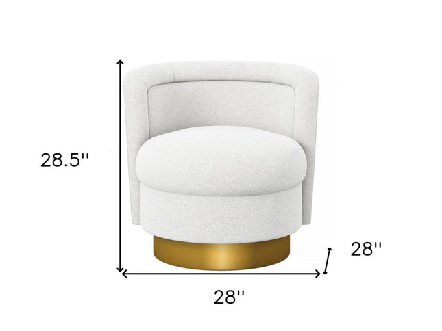 28" White and Gold Boucle Swivel Barrel Chair