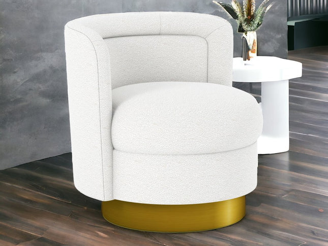 28" White and Gold Boucle Swivel Barrel Chair