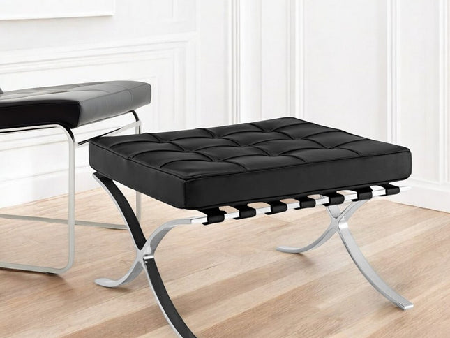 24" Black Genuine Leather and Silver Tufted Footstool Ottoman