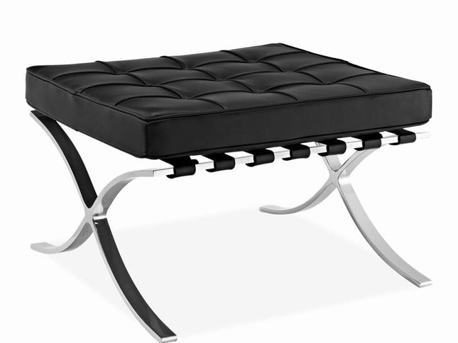 24" Black Genuine Leather and Silver Tufted Footstool Ottoman