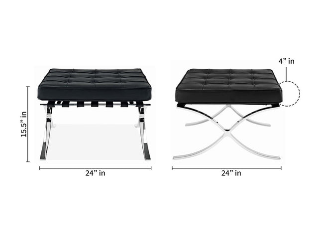 24" Black Genuine Leather and Silver Tufted Footstool Ottoman