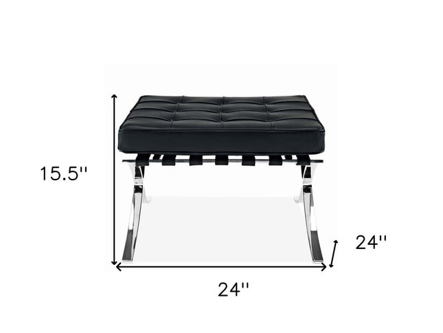 24" Black Genuine Leather and Silver Tufted Footstool Ottoman