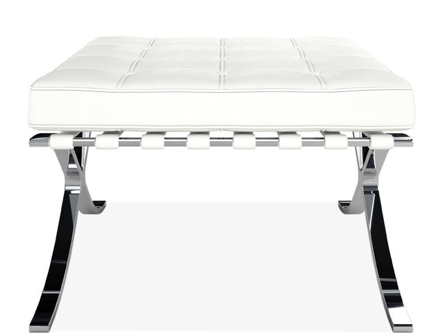 24" White Genuine Leather and Silver Tufted Footstool Ottoman