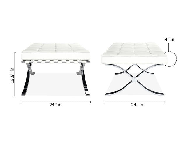 24" White Genuine Leather and Silver Tufted Footstool Ottoman