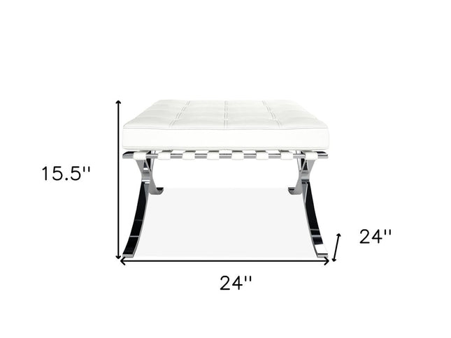 24" White Genuine Leather and Silver Tufted Footstool Ottoman