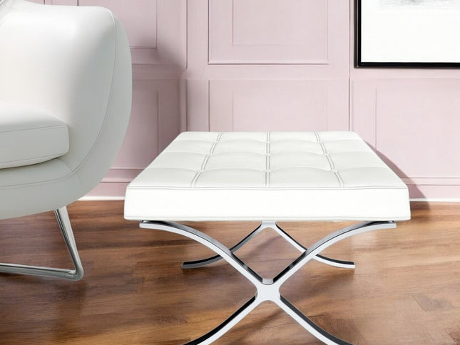 24" White Genuine Leather and Silver Tufted Footstool Ottoman