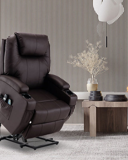 33" Brown Faux Leather Power Heated Massage Lift Assist Recliner